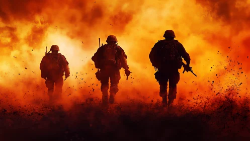 Soldiers Charge Through Fiery Explosion. War Combat.