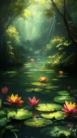 Sunlit forest pond welcomes bright water lilies in bloom