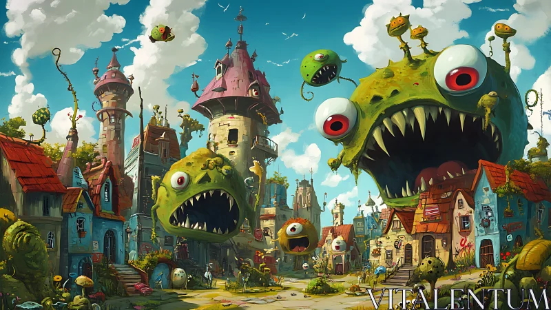 Playful green monsters soar above a quirky storybook town