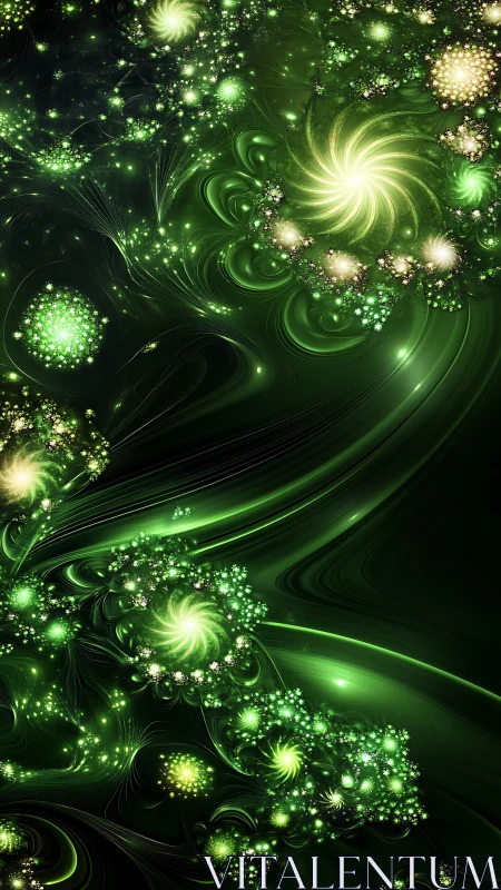 Emerald spiral garden blooming in a cosmic midnight sea.