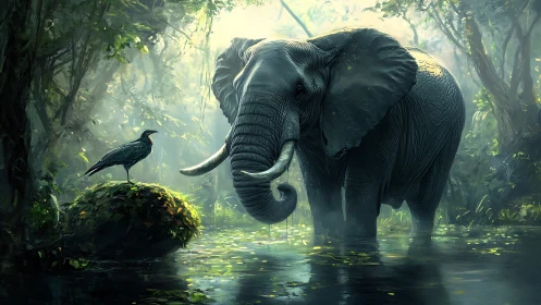 Elephant and marsh bird in misty backlit rainforest pool scene