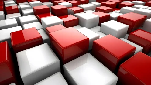 Red and white glossy cubes construct a dynamic 3D grid