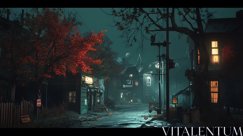 Moody small town street at night with eerie autumn glow.