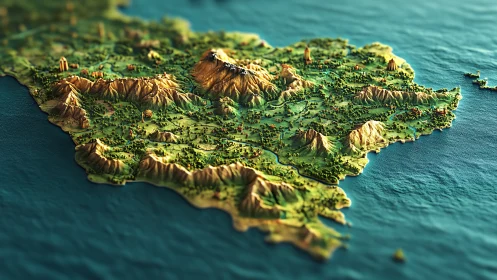 Topographic Map Rendered: Elevated Terrain Model Over Teal Waters.