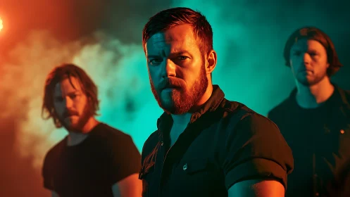 Three intense men pose in dramatic teal and orange studio light.