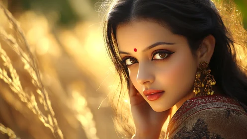 Sunlit portrait of a woman in traditional jewelry glows warmly