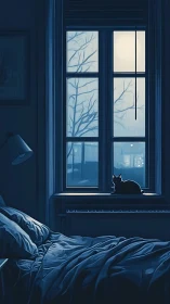 Cat on bedroom windowsill under blue moonlit night.