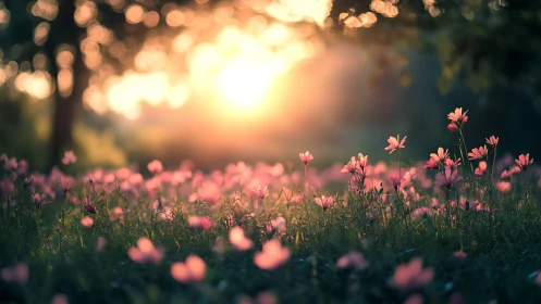 Pink Flowers in Golden Hour Backlit by Sunset Glow