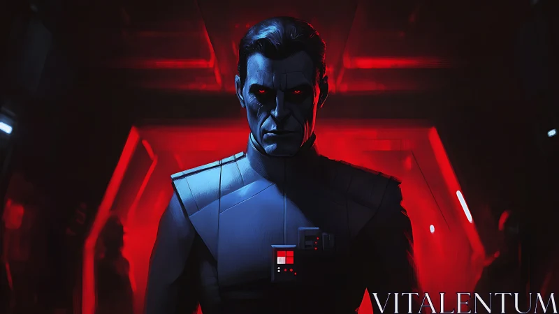 Dark sci fi officer in red lit corridor stands facing viewer.