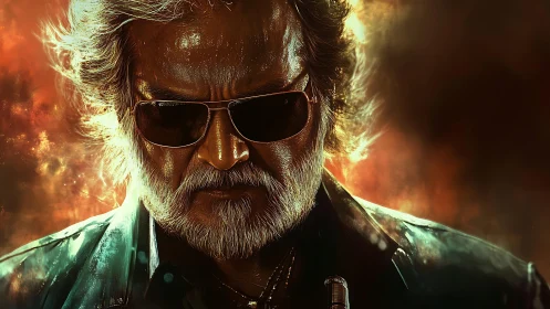 Cinematic close-up of bearded man in shades against blazing bokeh