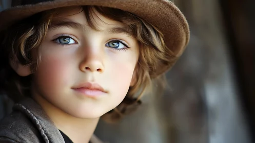 Child in brown hat gazing downward with serene expression.