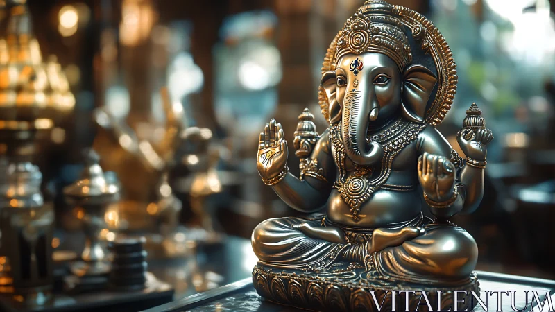 Photorealistic brass Ganesha idol in shallow depth-of-field composition.
