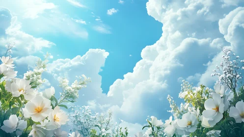 Ethereal Floral Composition Against Azure Sky with Cumulus Formation