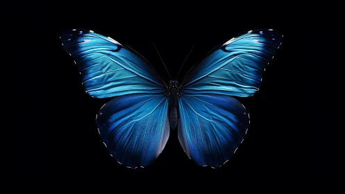 Luminous blue butterfly poised like quiet midnight wings.