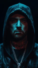 Hooded male portrait in teal red rim lighting, intense gaze.
