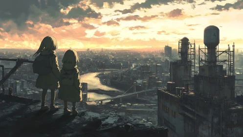 Children overlook dystopian river city at burning sunset.