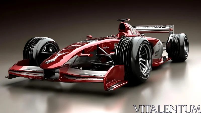 Aerodynamic crimson single-seater with high-downforce race trim.