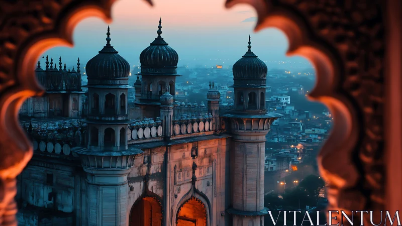 Quiet twilight over domed cityscape through ornate archway.