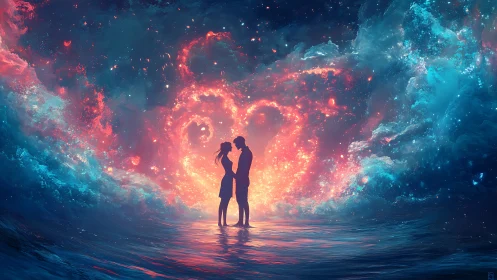 Silhouetted Couple Embracing Within Luminous Cosmic Vortex.