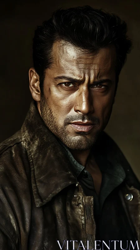 Brooding man in worn leather jacket under cinematic light.