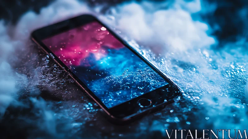 Smartphone submerged in neon mist with cosmic glow.