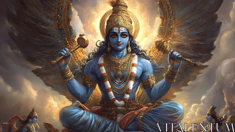 Divine blue deity sits radiant amid golden celestial wings.