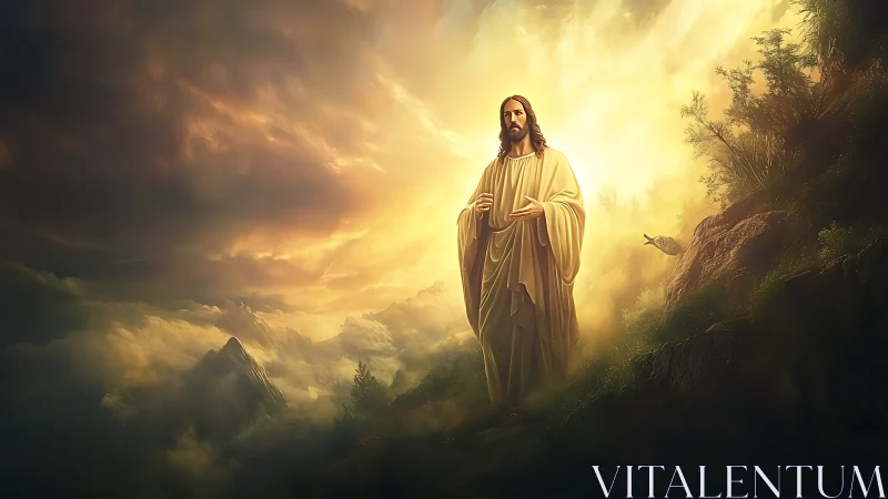 Radiant robed figure in luminous mountain sunrise clouds.