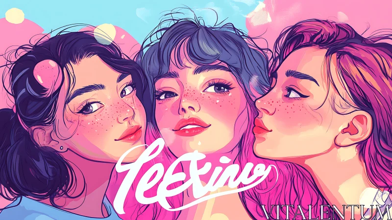 Stylized portrait of three women on pink blue background.