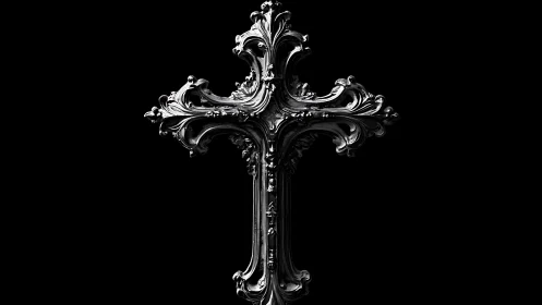 Ornate silver cross glowing softly against deep black night.