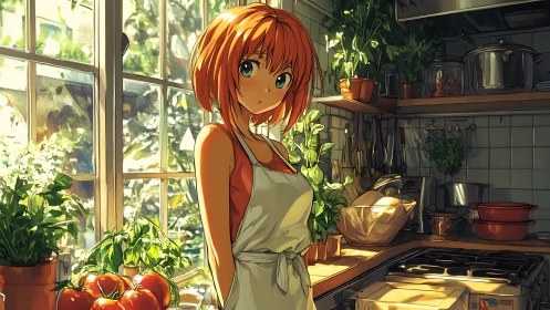 Sunlit kitchen muse amid herbs, tomatoes, and quiet wonder.