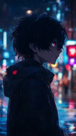 Neon-eyed youth in rain-soaked cyberpunk nightscape profile.