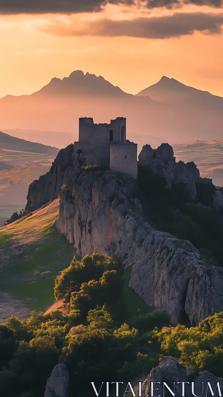 Sunset fortress crowned on a dragonback ridge of stone.