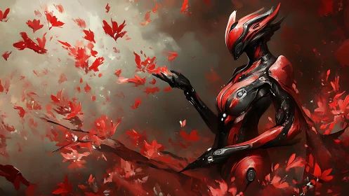 Cybernetic warrior commands crimson petals in storm