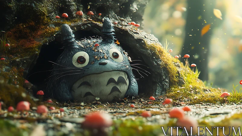 Soft forest guardian hiding beneath a mushroom-sprinkled log.