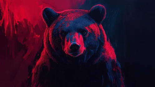 Neon-lit bear portrait in dual-tone crimson and cyan lighting.