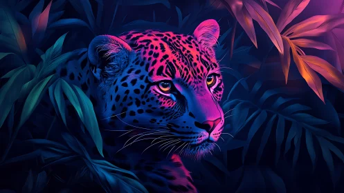 Neon jungle leopard listens closely to the heartbeat of night