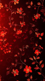 Glowing Red Florals on Crimson Background with Ornate Vine