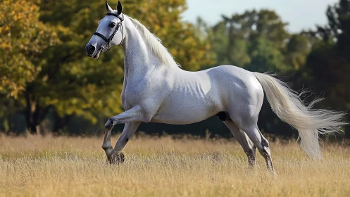 Sunlit white horse trotting through a golden meadow field.