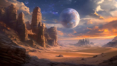 Sunlit alien desert under a gentle glowing planet.