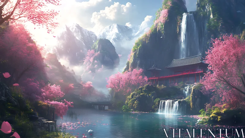 Cherry blossom cascades around serene mountain temple dream.