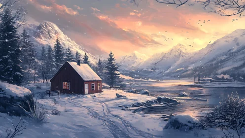 Snowbound lakeside cabin under alpenglow with detailed atmospheric depth