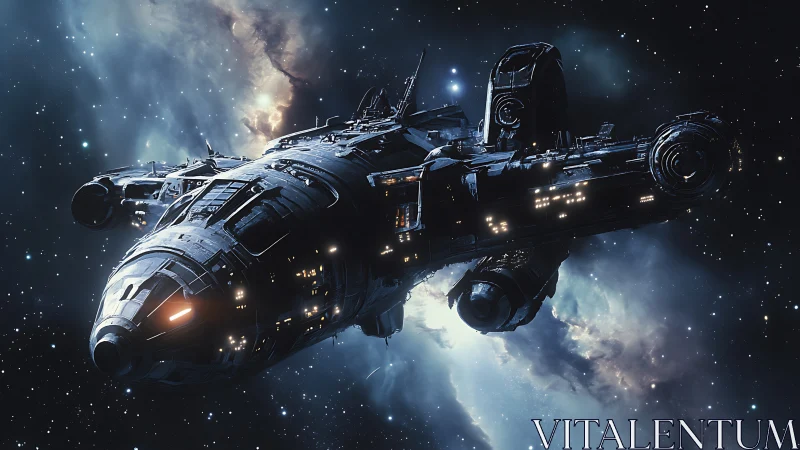 Battle-scarred starship crosses luminous deep space field.