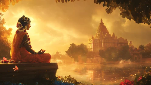 Meditative devotee in saffron robes facing a riverside temple at dusk
