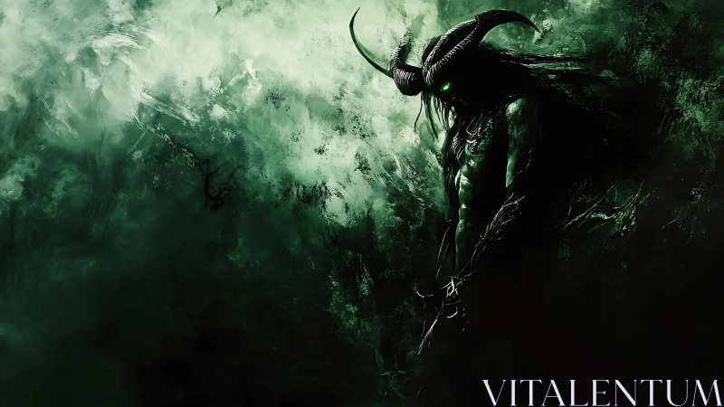 Horned shadow demon emerges through toxic emerald mist.