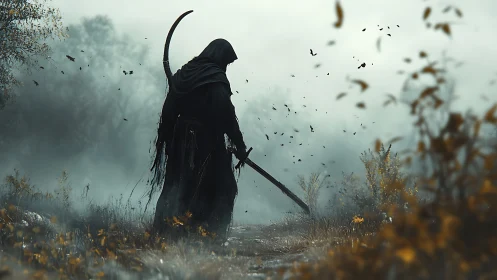 Grim harvester stalks a fogbound path with sword and scythe.