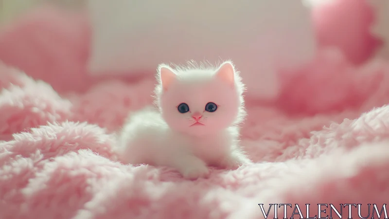 White feline kitten positioned on textured pink surface background.
