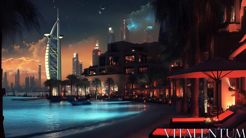 Futuristic Dubai marina resort glows under neon night sky.