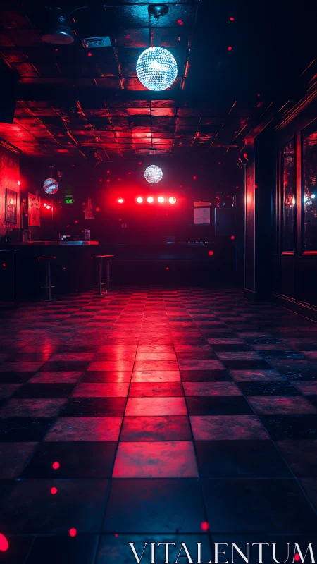 Empty tiled nightclub interior under red and blue lighting.