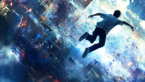 Man dives through luminous city skyline into swirling light