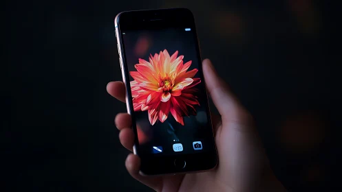 Smartphone Display Exhibits High-Resolution AMOLED Rendering of Vibrant Red Dahlia Flower Specimen
